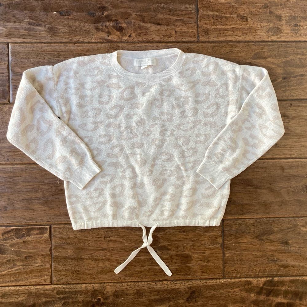 Barefoot Dreams Girls 6/7 CozyChic UltraLite Pullover Cream/Stone Leopard